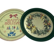 Christmas Holiday Round Metal Serving Trays Wreath Fruits Country Sample... - $24.16