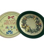 Christmas Holiday Round Metal Serving Trays Wreath Fruits Country Sample... - $32.81 CAD