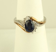 Sterling Silver 10k Gold Blue Sapphire and Diamond signed av Ring Size 7 - £130.97 GBP