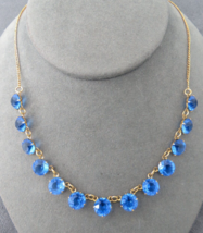 Antique Yellow Gold Filled Blue Bezel Set Blue 9mm Crystal Glass Necklac... - £63.94 GBP