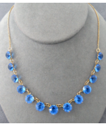 Antique Yellow Gold Filled Blue Bezel Set Blue 9mm Crystal Glass Necklac... - £63.38 GBP