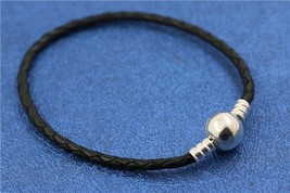 925 Sterling Silver Round Clasp Moments Black Leather Bracelet  - £14.97 GBP