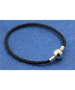 925 Sterling Silver Round Clasp Moments Black Leather Bracelet  - £14.98 GBP