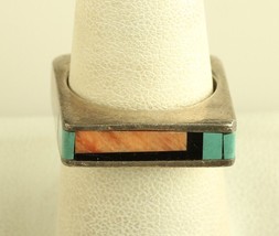 Vintage Sterling Silver multi stone inlay contemporary handmade ring - $138.60