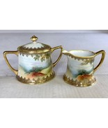 Antique Nippon Deer Hunter Hand Painted Artist Sign KS Creamer Sugar Bow... - $170.96 CAD