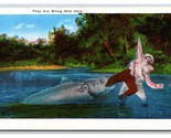 Comic Exaggeration Fisherman They Are Biting Well Here UNP Linen Postcar... - $4.04