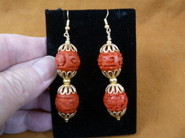 EE-400-16) 14mm RED CINNABAR bead flower wooden bead dangle hook earrings gold - £12.50 GBP