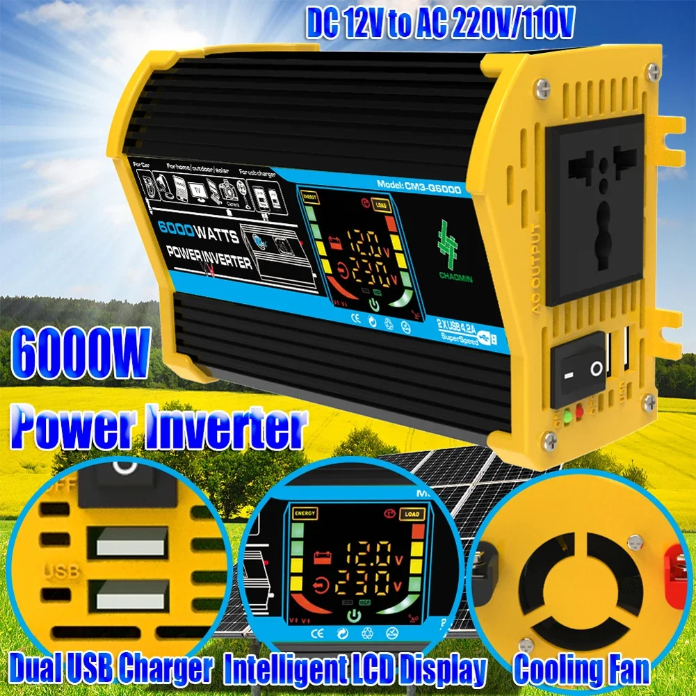 6000W Power Converter DC 12V To AC 110V 220V Dual USB Car Voltage Transformer - £8.78 GBP+