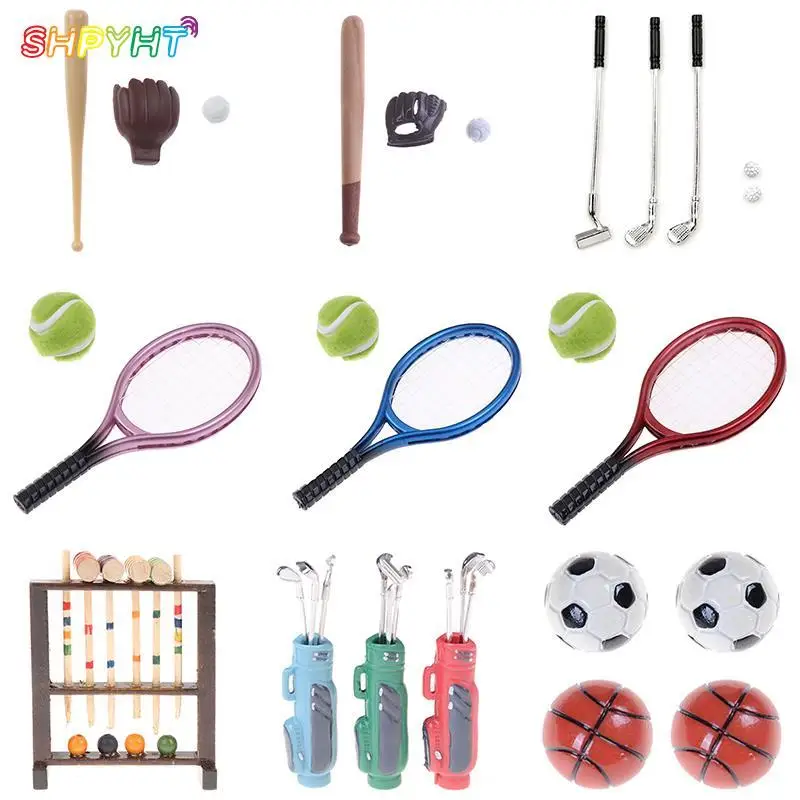 1/6 1/12 Dollhouse Sports Mini Tennis Ball/Racket/Football/Soccer/Baseball/Golf - £6.80 GBP+