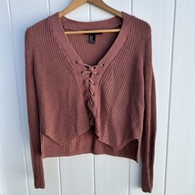 Forever 21 Ribbed Knit Lace Up V-neck Sweater Mauve Pink Long Sleeve Crop Small - £10.12 GBP