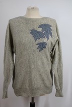 Vtg Peony M Gray Lambswool Floral Applique Boat Neck Dolman Sleeve Sweater - $24.70