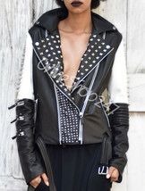 New Women White Black Full Silver Studded Embellished Zipper Punk Leather Jacket - £265.40 GBP
