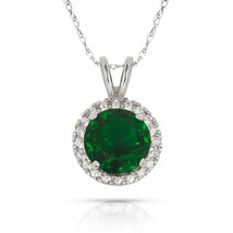 1.00CT 14K W Gold Halo Emerald Round Shape Basket Setting Pendant w/ Chain - £23.71 GBP+