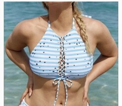 Aerie Stars &amp; Stripes Lace Up Halter Bikini Top White Blue XS New NWT - $10.88