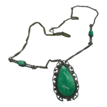 Antique Necklace Art Deco Filigree Pendant Long Link Green Focal Filigree - £61.22 GBP