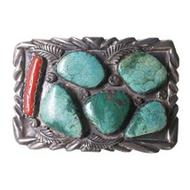 Vintage Zuni silver turquoise and coral belt buckle - £275.39 GBP