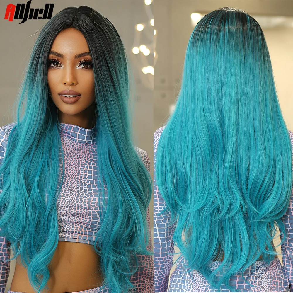 Blue Ombre Long Cosplay Synthetic Wigs with Dark Root Body Wavy Natural Ha - £20.81 GBP+