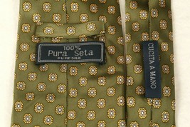 CUCITA A MANO Mens Silk Tie Necktie Italy Olive Green Gold Classic Geome... - $19.05