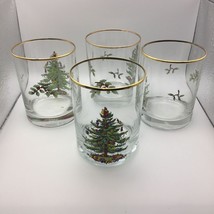 Vintage Spode Christmas Tree Set 4 Gold Rimmed Double Old Fashioneds Glasses Cup - £55.94 GBP