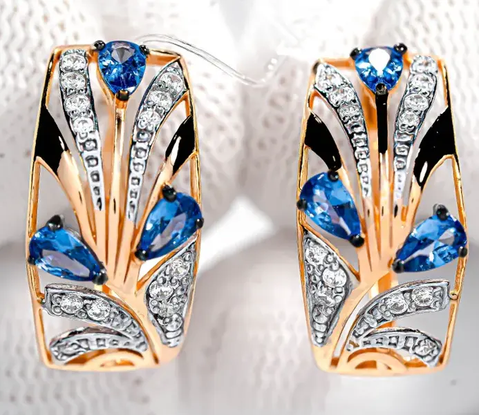 Earrings Silver gold plated 925 assay value with tanzanite and cubic zir... - $175.19 CAD