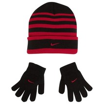 NWT NIKE RED/black striped acrylic hat &amp; glove set, boy&#39;s size 8-20 - £15.02 GBP