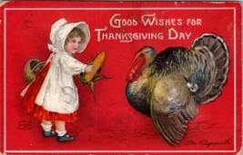 Ellen Clapsaddle Thanksgiving Child in Bonnet Feeding the Turkey Postcard X9 - £6.35 GBP
