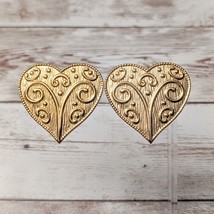 Vintage Clip On Earrings Large Gold Tone Ornate Heart 1.5&quot; - £13.36 GBP