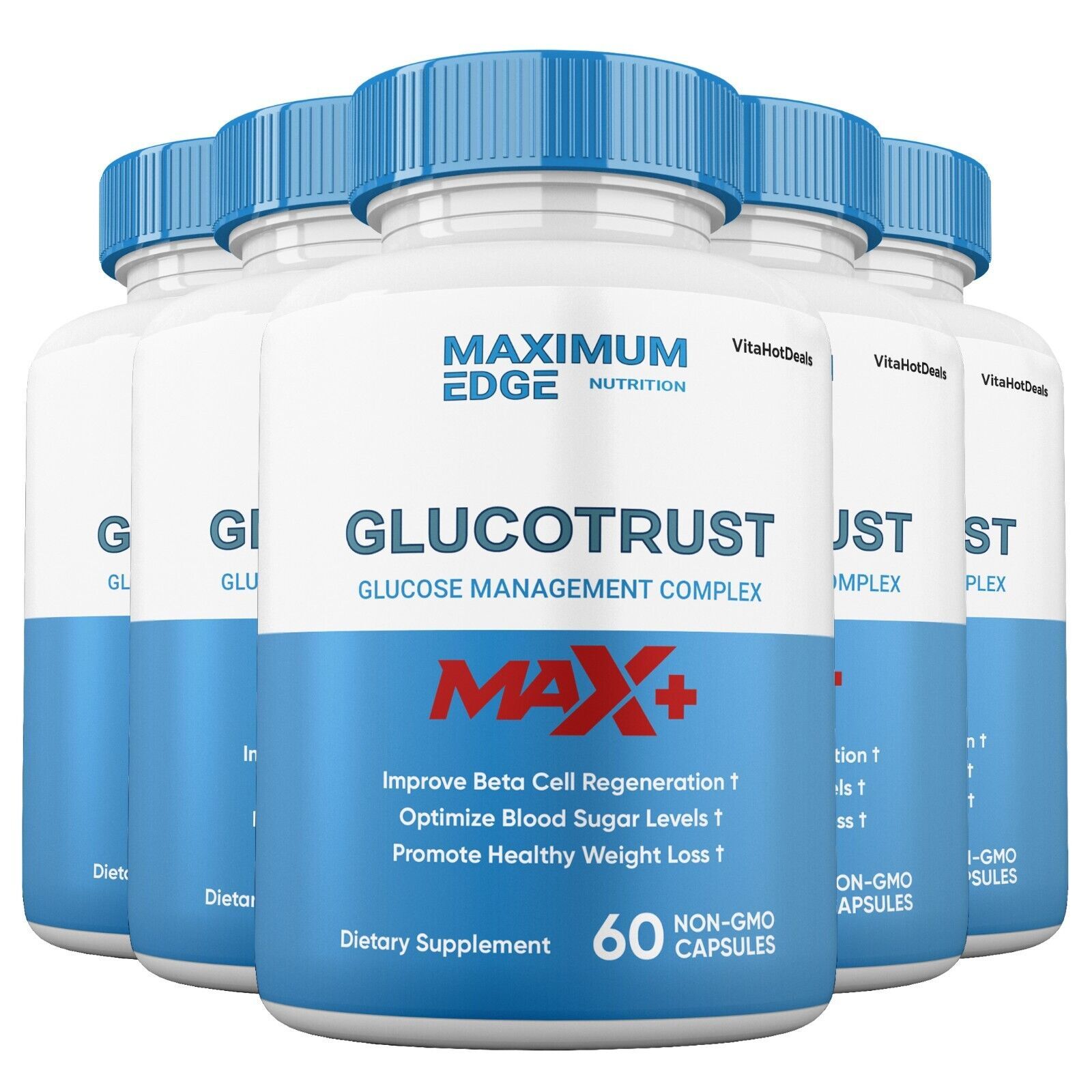 5 Pack Glucotrust Capsules Max + Glucotrust Max+ Maximum Edge Supplement