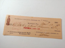 1940 Monticello Florida Coca Cola Bottling Co Payroll Check Coke - $9.85