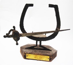 antique HAND WROUGHT metal SWORD HORSESHOE FIGURAL CANDLE HOLDER? wood M... - $123.70
