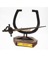 antique HAND WROUGHT metal SWORD HORSESHOE FIGURAL CANDLE HOLDER? wood M... - £97.30 GBP