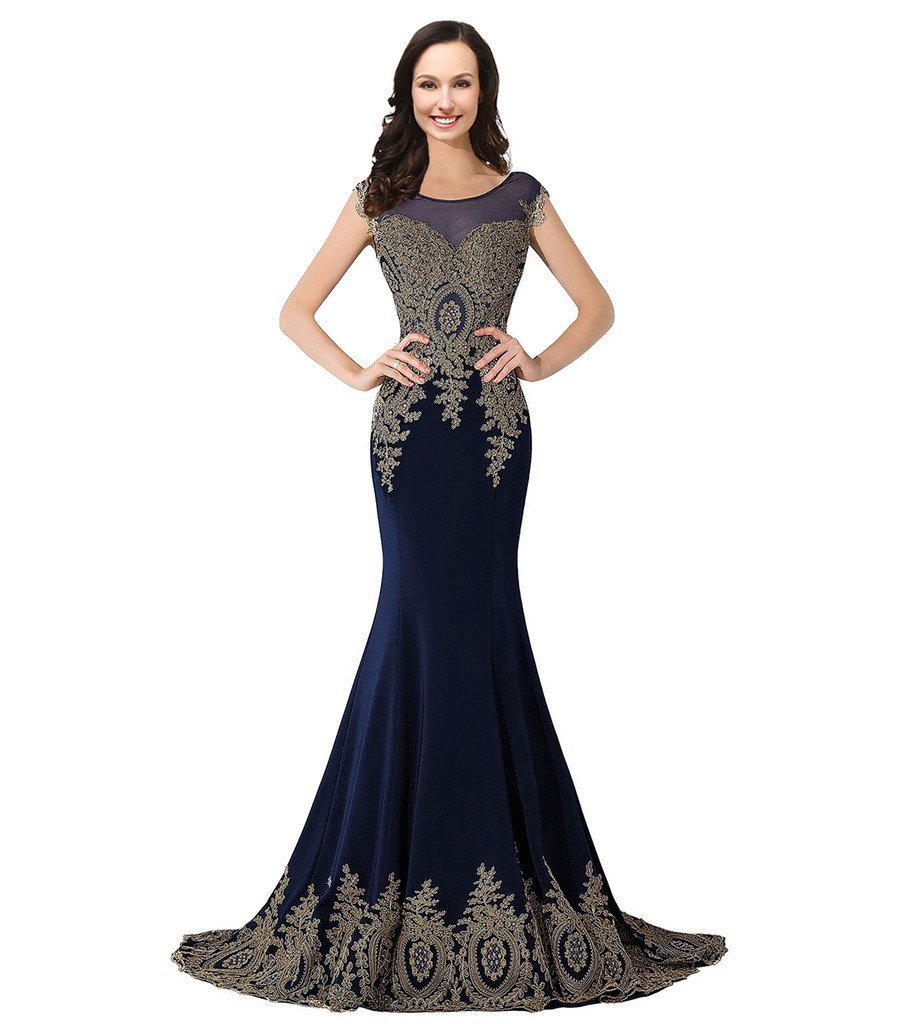 Mermaid Rhinestoes Long Gold Lace Illusion Bateau Prom Evening Dresses Plus Size