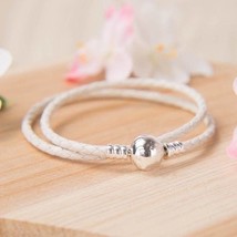 925 Sterling Silver Round Clasp Moments Double White Leather Bracelet Necklace  - $20.80
