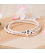 925 Sterling Silver Round Clasp Moments Double White Leather Bracelet Ne... - $31.28 CAD