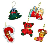 Vintage Cloth Christmas Ornaments 5 Hand Sewn Stuffed Fabric Bear Angel Stocking - £6.92 GBP