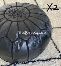 Set Of 2 Handmade &amp; Hand-Stitched Moroccan Pouf, Genuine Leather, Black Color - £107.90 GBP