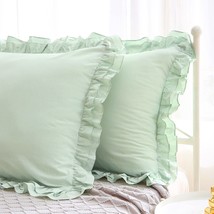 Sage Green Ruffle Euro Pillow Shams 26X26 Set Of 2, Washed Cotton Shabby And Chi - £43.60 GBP