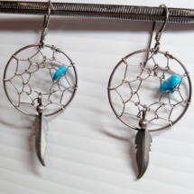 Sterling Silver Pierced Earrings Dream Catcher  Feather Dangle Turquoise Stones - $15.79