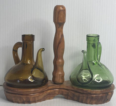 Vintage Mid Century Amber &amp; Green Glass Cruets Pitchers.No stoppers Wood Carrier - £23.70 GBP