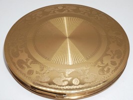 Rex Fifth Avenue Gold Tone Vtg Patterned Mirrored Powder 4&quot; Round Compact - £15.73 GBP
