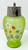 Antique Enameled Strawberry &amp; Floral Pitcher w Metal Lid Handle 6 inch - $44.55