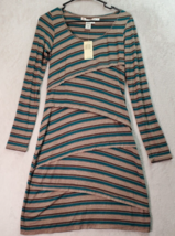 Max Studio Dress Womens Small Tan Brown Striped Rayon Long Sleeve Round Neck - £25.49 GBP