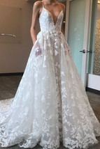 Spaghetti Straps A-line White Lace Wedding Dress Deep V Neck Women Party... - $180.00