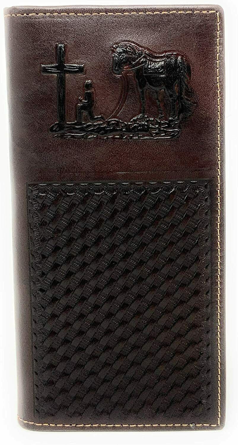 Primary image for Premium Genuine Western Mens Embossed Praying Cowboy Basketweave Long Wallet