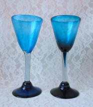 Vintage Goblets Blue Turquoise Glass Hand Blown Mexican Barware Wine Set of 2 - £15.75 GBP