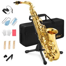 As- Student Alto Saxophone E Flat Gold Lacquer Alto Beginner Sax Full Kit With C - £309.25 GBP