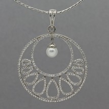Sterling Silver CZ Teardrop Circle Pendant with Dangling Pearl Omega Nec... - £22.10 GBP