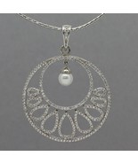 Sterling Silver CZ Teardrop Circle Pendant with Dangling Pearl Omega Nec... - £22.14 GBP