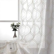 Visiontex Moroccan Embroidered White Sheer Curtains Geometric, Rod, Light Brown - £33.73 GBP