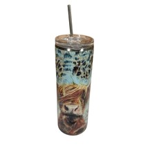 Highlander Cow Tumbler Teal and Cheetah Print Insulated Tall Skinny Meta... - $22.76